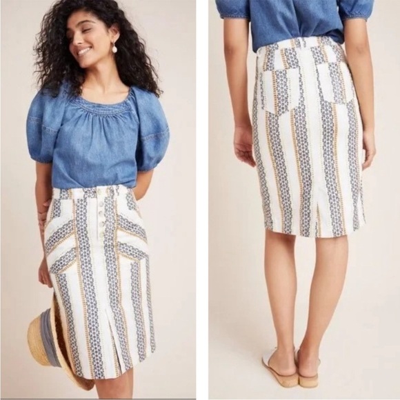 Anthropologie Button Front Quincy Eyelet Embroidered  Pencil Skirt Size 8P - Picture 1 of 7